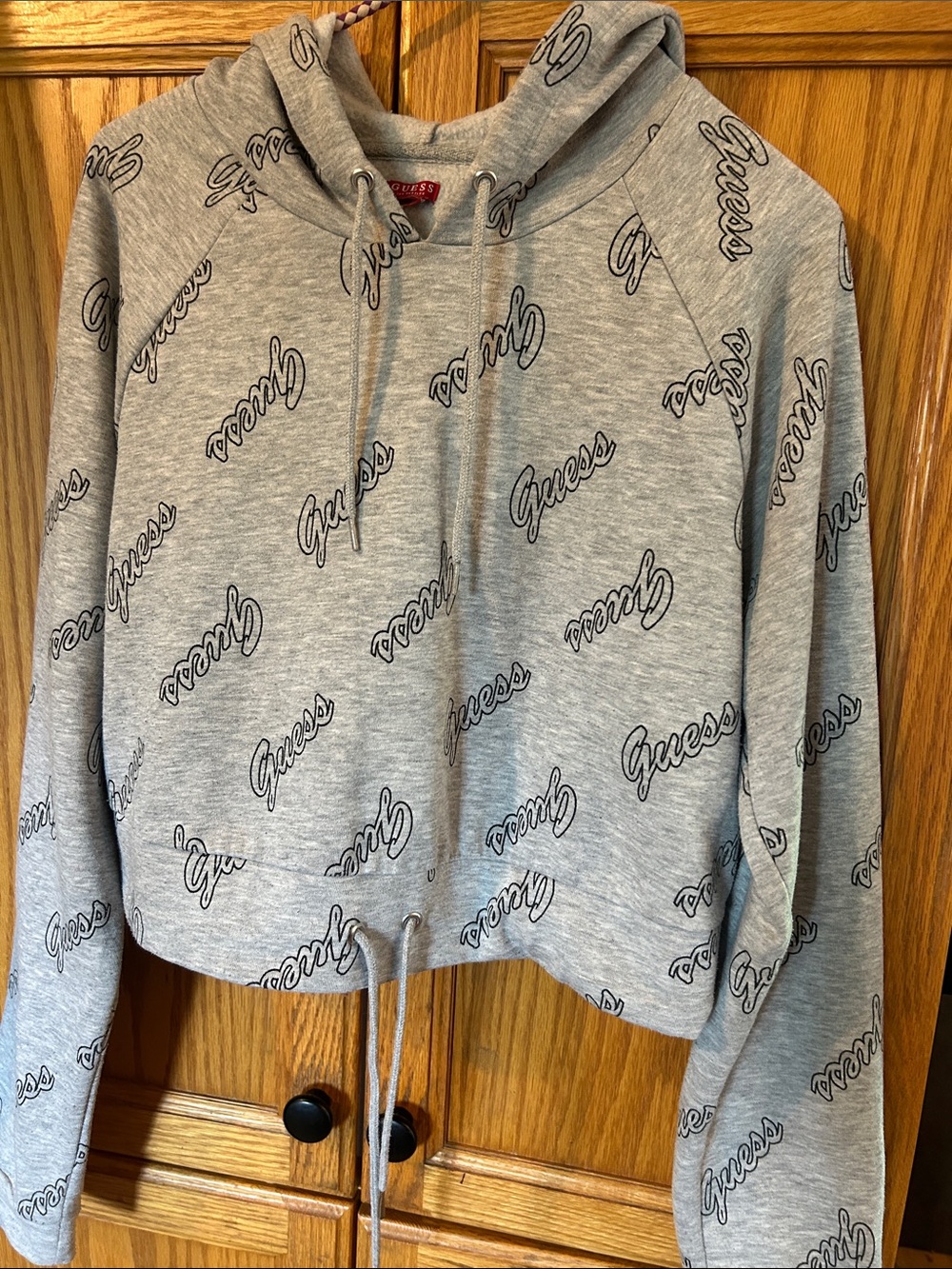 Guess Light Gray Script-Logo Cropped Hoodie